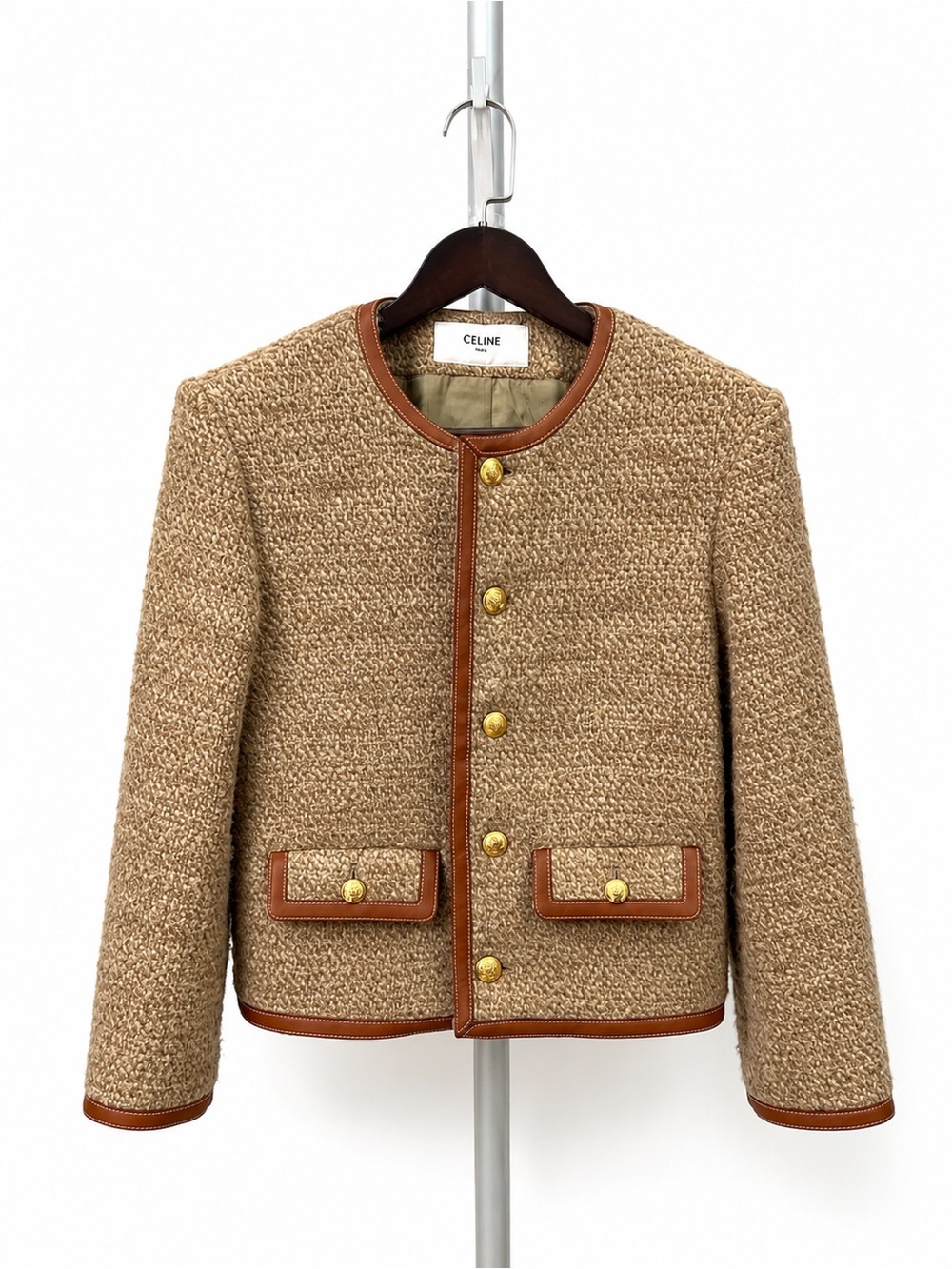 Celine Tan Bouclé Pea Coat with Brown Leather Trim